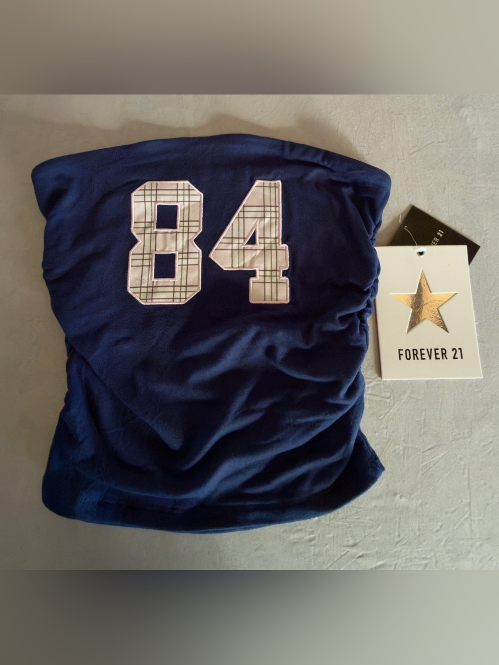 Forever 21 Y2K Aesthetic Navy Tube Top with Plaid '84' Patch